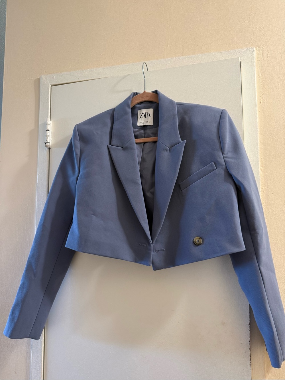 ZARA Cropped Single-Button Blazer in Slate Blue